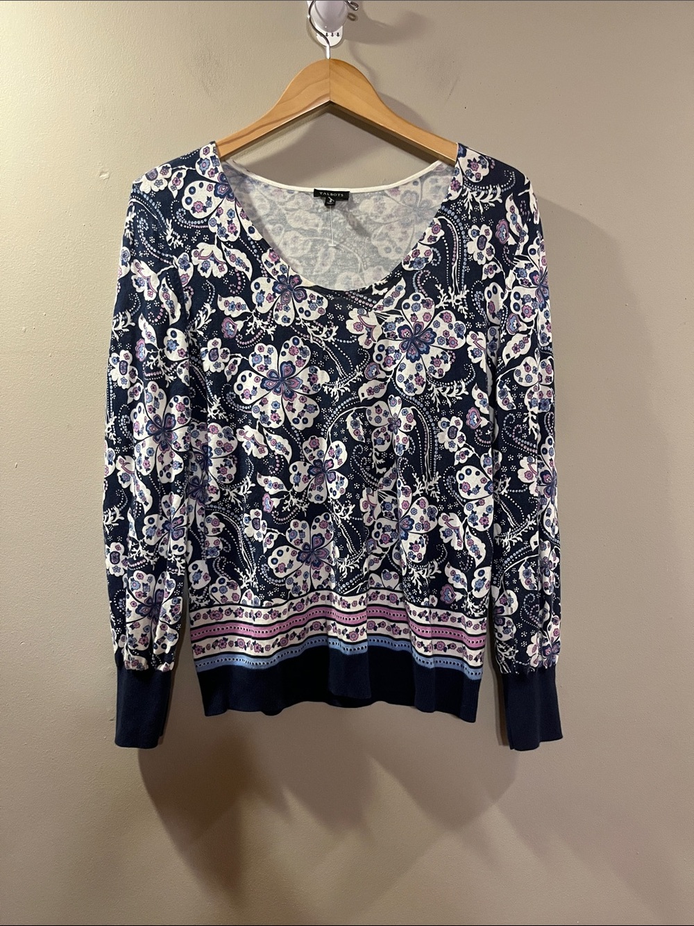 Talbots Navy Floral Scoop Neck Long Sleeve Tee